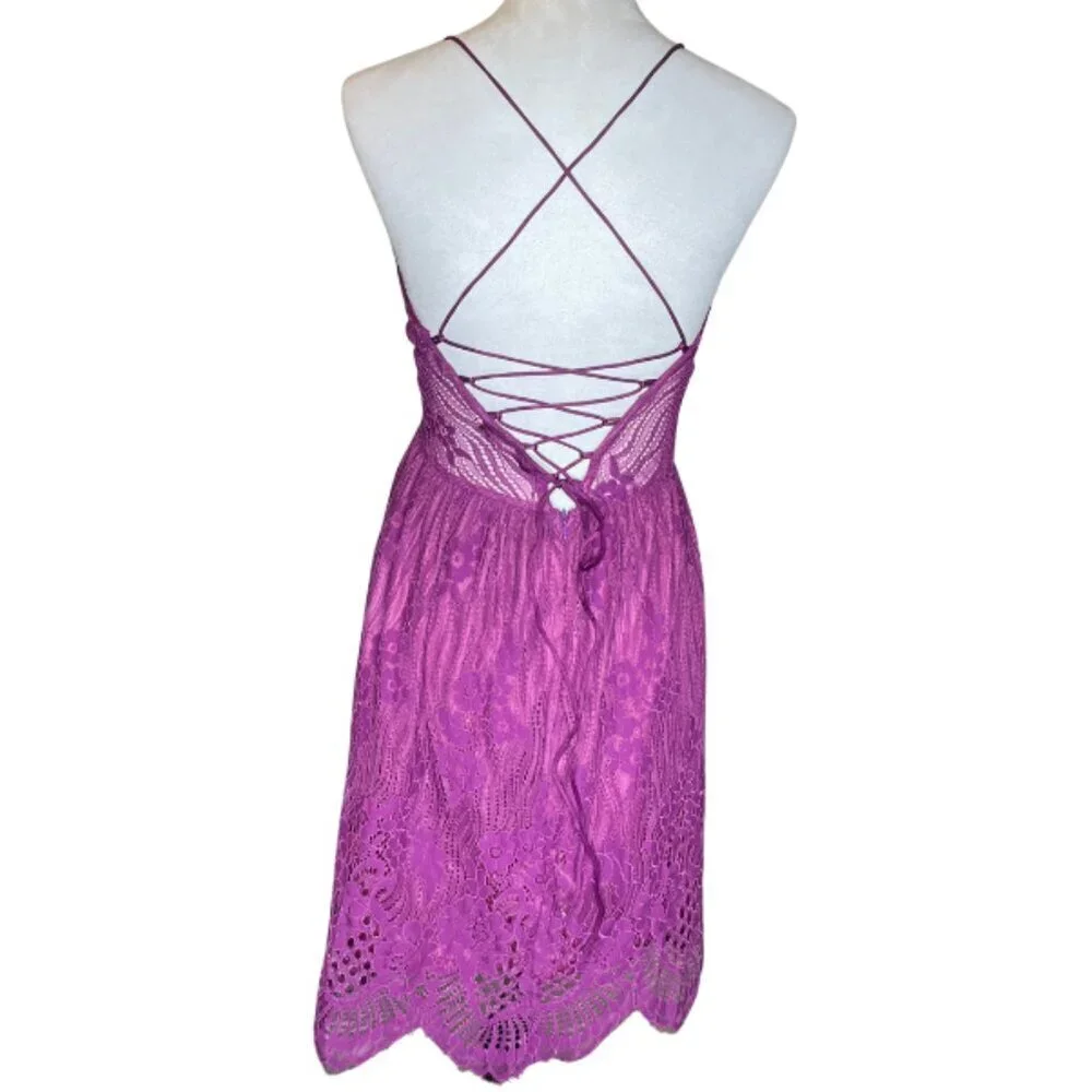 AOOKSMERY Purple Floral Lace Midi Dress NWT Lace Up Back Cocktail Wedding Guest